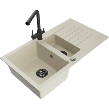 Granitový dřez Mexen Matias granitový dřez 1,5-komorový s odkapávačem a kuchyňskou baterií Duero, béžový - 6502-69-671600-70 Granitové dřezy s baterií