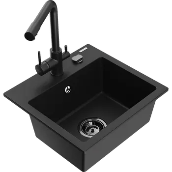 Granitový dřez Mexen Milo jednokomorový žulový dřez s kuchyňskou baterií Duero, černý - 6505-77-671600-70-B Granitové dřezy s baterií
