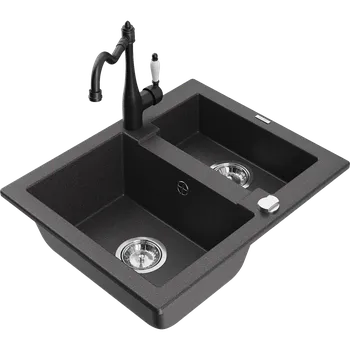 Granitový dřez Mexen Carlos granitový dřez 1,5-komorový s kuchyňskou baterií Carla, černý kropenatý - 6518-76-670700-70 Granitové dřezy s baterií