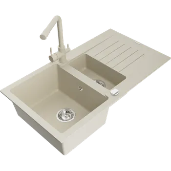 Granitový dřez Mexen Matias granitový dřez 1,5-komorový s odkapávačem a kuchyňskou baterií Duero, béžový - 6502-69-671600-69 Granitové dřezy s baterií