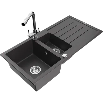Granitový dřez Mexen Andres granitový dřez 1,5 komorový s odkapávačem a kuchyňskou baterií Duero, černý skvrnitý - 6515-76-671600-00 Granitové dřezy s baterií
