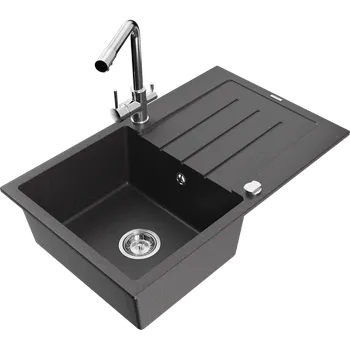 Granitový dřez Mexen Bruno granitový dřez 1-komorový s odkapávačem a kuchyňskou baterií Duero, černý skvrnitý - 6513-76-671600-00 Granitové dřezy s baterií