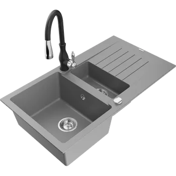Granitový dřez Mexen Matias granitový dřez 1,5-komorový s odkapávačem a kuchyňskou baterií Savita, šedý - 6502-71-672601-70 Granitové dřezy s baterií