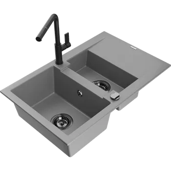 Granitový dřez Mexen Gaspar granitový dřez 1,5-komorový s odkapávačem a kuchyňskou baterií Flora, šedý - 6507-71-670401-70-B Granitové dřezy s baterií