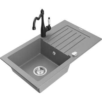 Granitový dřez Mexen Pablo granitový dřez 1-komorový s odkapávačem a kuchyňskou baterií Carla, šedý - 6510-71-670700-70 Granitové dřezy s baterií