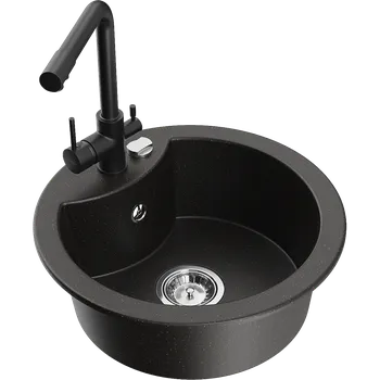 Granitový dřez Mexen Diego granitový dřez 1-komorový s kuchyňskou baterií Duero, černý/zlatý metalik - 6512-75-671600-70 Granitové dřezy s baterií