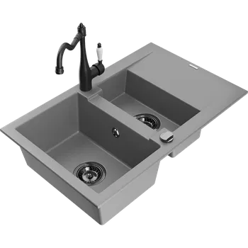 Granitový dřez Mexen Gaspar žulový dřez 1,5-komorový s odkapávačem a kuchyňskou baterií Carla, šedý - 6507-71-670700-70-B Granitové dřezy s baterií