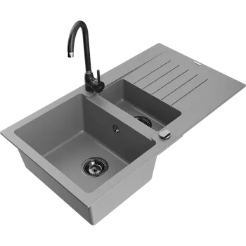Granitový dřez Mexen Matias žulový dřez 1,5-komorový s odkapávačem a kuchyňskou baterií Telma, šedý - 6502-71-670200-70-B Granitové dřezy s baterií
