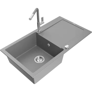 Granitový dřez Mexen Leo granitový dřez 1-komorový s odkapávačem a kuchyňskou baterií Flora, šedý - 6501-71-670401-06 Granitové dřezy s baterií