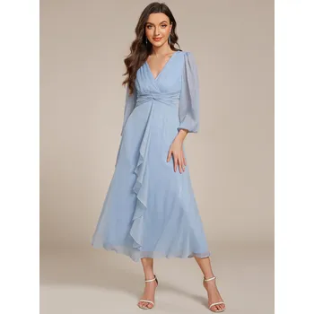 Dámské šaty Lesklé šifonové svatební šaty s dlouhým rukávem Barva: Modrá, Velikost: 5XL