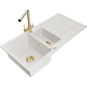 Granitový dřez Mexen Andres žulový dřez 1,5-komorový s odkapávačem a kuchyňskou baterií Duero, bílý - 6515-20-671600-50 Granitové dřezy s baterií