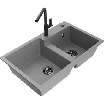 Mexen Tomas granitový dřez 2-komorový s kuchyňskou baterií Flora, šedý - 6516-71-670401-70-B Granitové dřezy s baterií