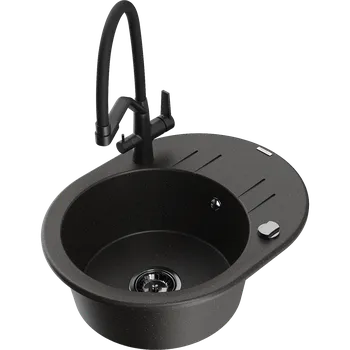 Granitový dřez Mexen Kevin žulový dřez s 1 komorou a kuchyňskou baterií Duo, černý/zlatý metalický - 6517-75-671701-70-B Granitové dřezy s baterií