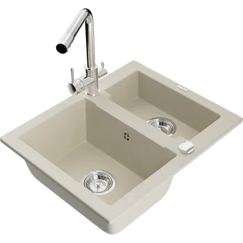 Granitový dřez Mexen Carlos granitový dřez 1,5-komorový s kuchyňskou baterií Duero, béžový - 6518-69-671600-00 Granitové dřezy s baterií