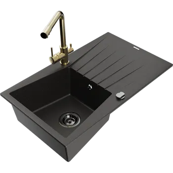 Mexen Cesar granitový jednodřez s odkapávačem a kuchyňskou baterií Duero, černý/zlatý metalik - 6514-75-671600-50-B Granitové dřezy s baterií