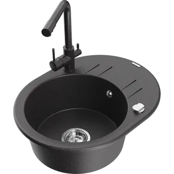 Granitový dřez Mexen Kevin granitový dřez 1-komorový s odkapávačem a kuchyňskou baterií Duero, černý nakapaný - 6517-76-671600-76 Granitové dřezy s baterií