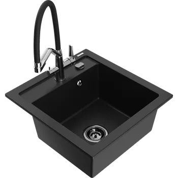 Granitový dřez Mexen Vito granitový dřez s 1 komorou a kuchyňskou baterií Duo, černý - 6503-77-671701-07-B Granitové dřezy s baterií