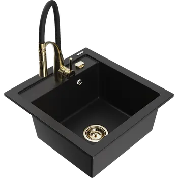 Granitový dřez Mexen Vito granitový dřez s 1 komorou a kuchyňskou baterií Aster, černý - 6503-77-73450-57-G Granitové dřezy s baterií