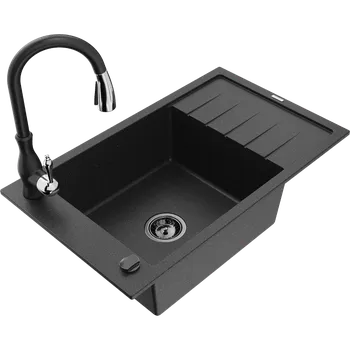 Granitový dřez Mexen Elias granitový dřez 1-komorový s odkapávačem a kuchyňskou baterií Savita, černý/stříbrný metalík- 6511-73-672601-70-B Granitové dřezy s baterií