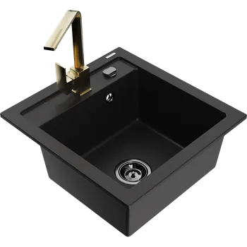 Granitový dřez Mexen Vito granitový dřez 1-komorový s kuchyňskou baterií Rita, černý - 6503-77-670300-50-B Granitové dřezy s baterií