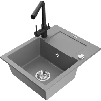 Granitový dřez Mexen Enzo jednokomorový granitový dřez s odkapávačem a kuchyňskou baterií Duero, šedý - 6506-71-671600-70 Granitové dřezy s baterií