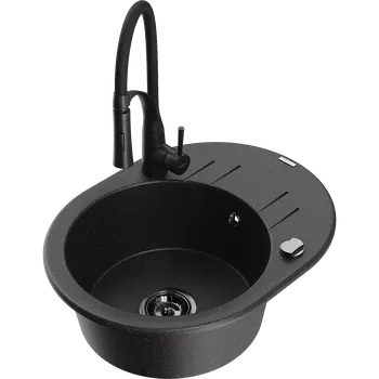 Mexen Kevin granitový dřez s 1 komorou, odkapávačem a kuchyňskou baterií Aster, černý/stříbrný metalík - 6517-73-73450-70-B Granitové dřezy s baterií