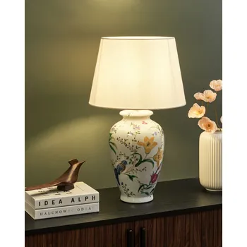 Svítidlo Stolní lampa bílá porcelánová základna lněné bubnové stínidlo květinový vzor stylové osvětlení Beliani