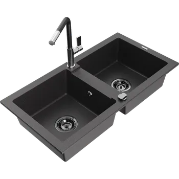 Granitový dřez Mexen Mario granitový dřez 2-komorový s kuchyňskou baterií Flora, černý skvrnitý - 6504-76-670401-07-B Granitové dřezy s baterií