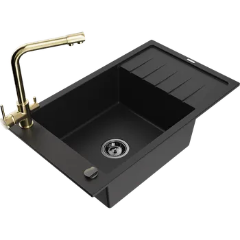 Granitový dřez Mexen Elias granitový dřez s 1 komorou, odkapávačem a kuchyňskou baterií Duero, černý - 6511-77-671600-50-B Granitové dřezy s baterií