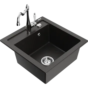 Granitový dřez Mexen Vito granitový dřez s 1 komorou a kuchyňskou baterií Carla, černý/zlatý metalický - 6503-75-670700-00 Granitové dřezy s baterií