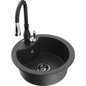 Granitový dřez Mexen Diego granitový dřez 1-komorový s kuchyňskou baterií Savita, černý tečkovaný - 6512-76-672601-70-B Granitové dřezy s baterií