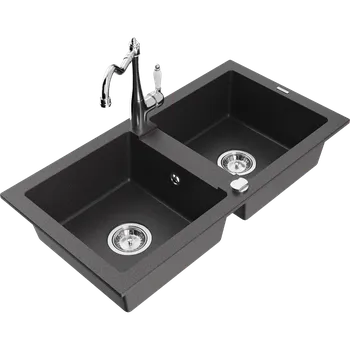 Granitový dřez Mexen Mario dvoukomorový granitový kuchyňský dřez s kuchyňskou baterií Carla, černý kropenatý - 6504-76-670700-00 Granitové dřezy s baterií
