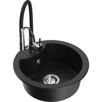 Granitový dřez Mexen Diego granitový dřez 1-komorový s kuchyňskou baterií Aster, černý - 6512-77-73450-07 Granitové dřezy s baterií