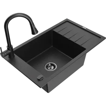 Granitový dřez Mexen Elias granitový dřez 1-komorový s odkapávačem a kuchyňskou baterií Elia, černý/stříbrný metalik - 6511-73-670101-70-B Granitové dřezy s baterií
