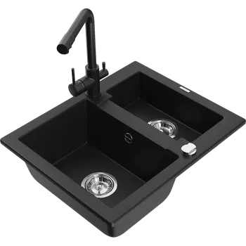 Granitový dřez Mexen Carlos granitový dřez 1,5-komorový s kuchyňskou baterií Duero, černý - 6518-77-671600-70 Granitové dřezy s baterií