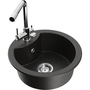 Granitový dřez Mexen Diego granitový dřez 1-komorový s kuchyňskou baterií Duero, černý/zlatý metalický - 6512-75-671600-00 Granitové dřezy s baterií