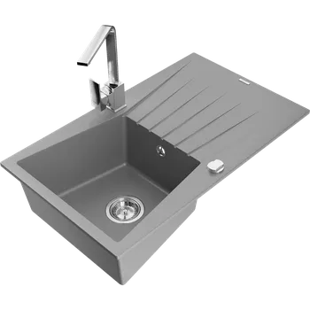 Granitový dřez Mexen Cesar granitový dřez 1-komorový s odkapávačem a kuchyňskou baterií Rita, šedý - 6514-71-670300-00 Granitové dřezy s baterií
