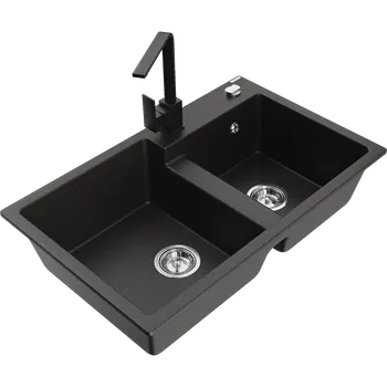 Granitový dřez Mexen Tomas dřez granitový 2-komorový s kuchyňskou baterií Rita, černý/zlatý metalik - 6516-75-670300-70 Granitové dřezy s baterií