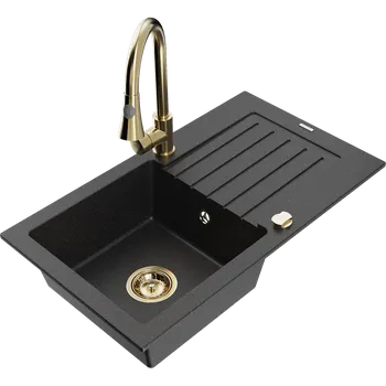 Granitový dřez Mexen Pablo granitový dřez 1-komorový s odkapávačem a kuchyňskou baterií Elia, černý/stříbrný metalik - 6510-73-670101-50 Granitové dřezy s baterií