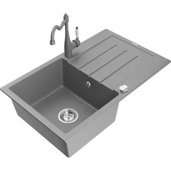 Granitový dřez Mexen Bruno dřez žulový 1-komorový s odkapávačem a kuchyňskou baterií Carla, šedý - 6513-71-670700-71 Granitové dřezy s baterií