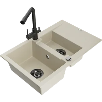 Granitový dřez Mexen Gaspar dřez žulový 1,5-komorový s odkapávačem a kuchyňskou baterií Duero, béžový - 6507-69-671600-70 Granitové dřezy s baterií