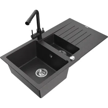 Granitový dřez Mexen Matias žulový dřez 1,5-komorový s odkapávačem a kuchyňskou baterií Duero, černý skvrnitý - 6502-76-671600-70 Granitové dřezy s baterií
