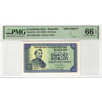 20 Korun bez data (1945) S. NJ PMG 66 EPQ Perforace 3 m.d