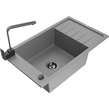 Kuchyňský dřez Mexen Elias granitový dřez s 1 komorou, odkapávačem a kuchyňskou baterií Rita, šedý - 6511-71-670300-70-B Granitové dřezy s baterií