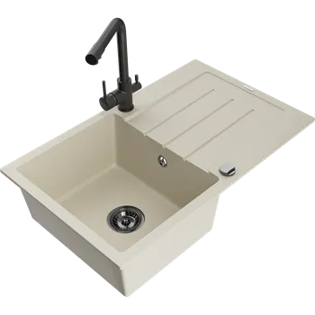 Granitový dřez Mexen Bruno granitový dřez 1-komorový s odkapávačem a kuchyňskou baterií Duero, béžový - 6513-69-671600-70 Granitové dřezy s baterií
