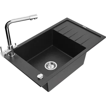 Granitový dřez Mexen Elias granitový jednodřezu s odkapávací plochou a kuchyňskou baterií Duero, černý/stříbrný metalik - 6511-73-671600-00 Granitové dřezy s baterií