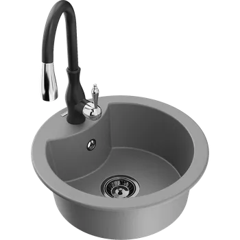 Granitový dřez Mexen Diego granitový dřez 1-komorový s kuchyňskou baterií Savita, šedý - 6512-71-672601-70-B Granitové dřezy s baterií