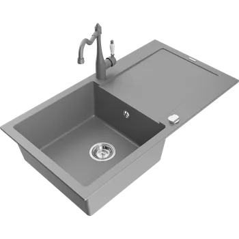 Granitový dřez Mexen Leo granitový dřez 1-komorový s odkapávačem a kuchyňská baterie Carla, šedá - 6501-71-670700-71 Granitové dřezy s baterií