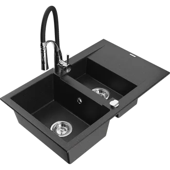 Granitový dřez Mexen Gaspar granitový dřez 1,5-komorový s odkapávačem a kuchyňskou baterií Aster, černý/stříbrný metalik - 6507-73-73450-07 Granitové dřezy s baterií