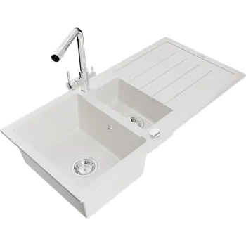 Granitový dřez Mexen Andres granitový dřez 1,5-komorový s odkapávačem a kuchyňskou baterií Duero, bílý - 6515-20-671600-00 Granitové dřezy s baterií